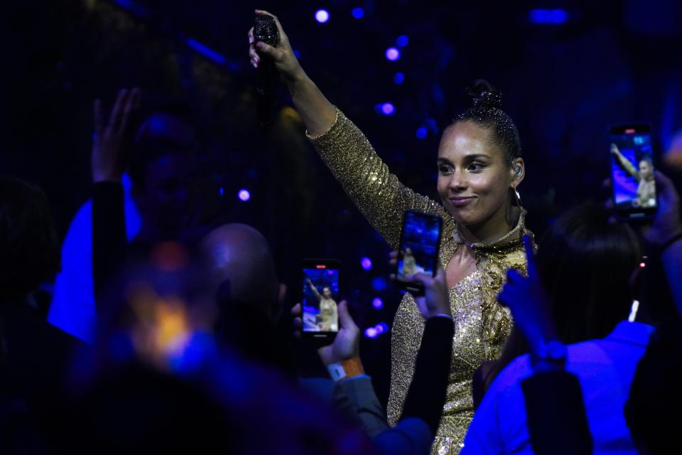 Singer Alicia Keys performs at Dubai Expo 2020 in Dubai, United Arab Emirates, Friday, Dec. 10, 2021. (AP Photo/Jon Gambrell)