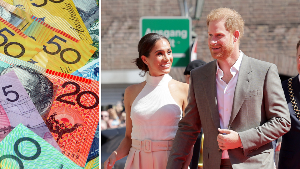 A composite image of Australian money and Prince Harry and Meghan Markle.