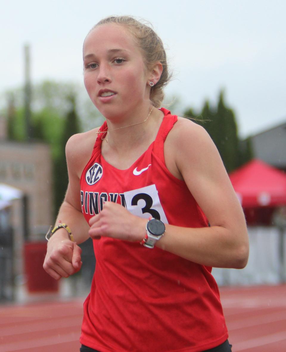 Pinckney's Jaelyn Ray finished third in the 1,600-meter run during the SEC White track and field meet Thursday, May 9, 2024 at Pinckney.