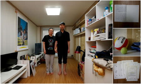 A combination picture shows Kim Young-lae (R) and Kim Sung-sil, parents of Kim Dong-hyuk, a high school student who died in the Sewol ferry disaster, as they pose for a photograph in their son's room, as well as details of objects, in Ansan April 8, 2015. REUTERS/Kim Hong-Ji