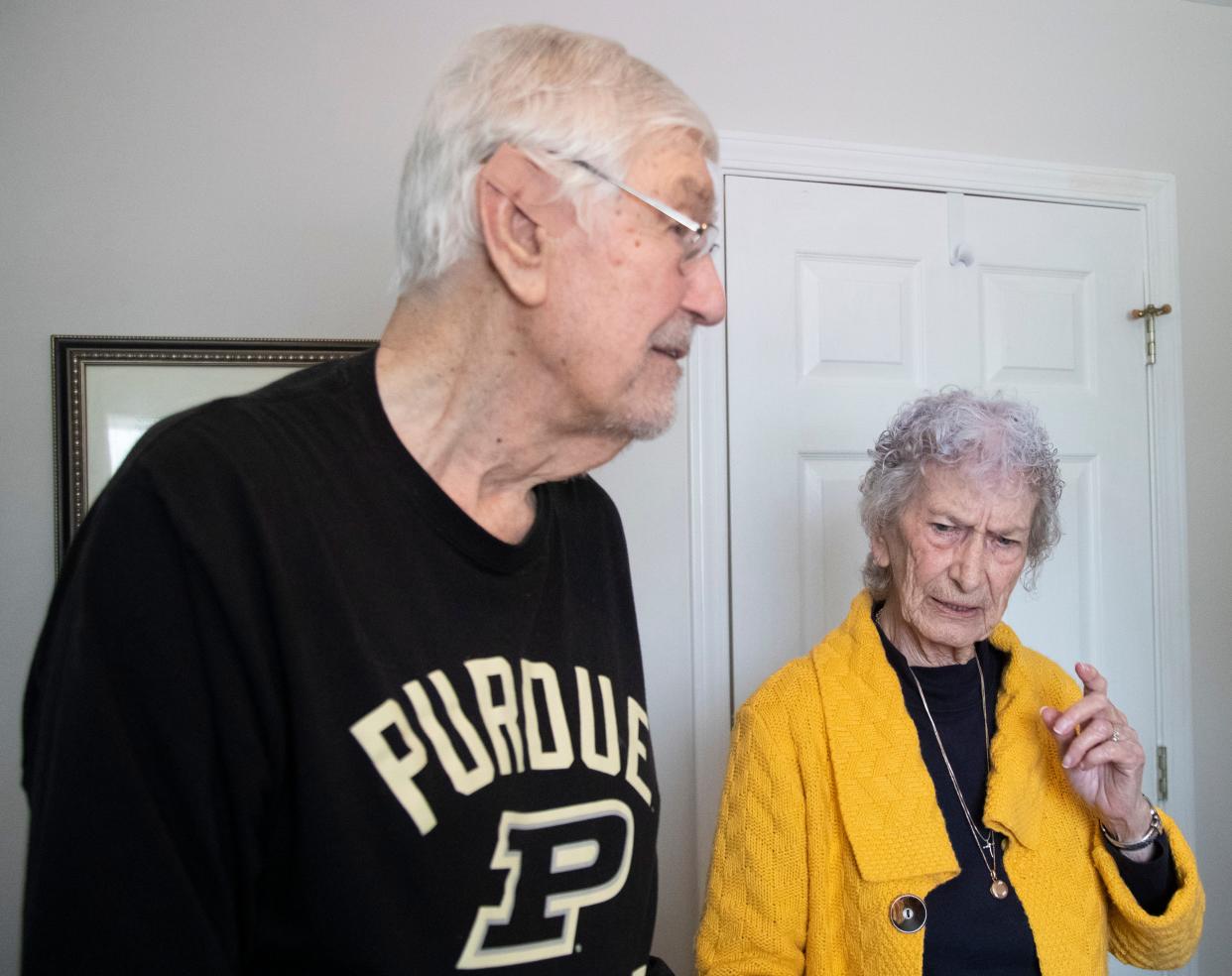 Bill and Leona Elbert show their memorabilia in their office, Tuesday, March 26, 2024, outside of Mackey Arena in West Lafayette, Ind.