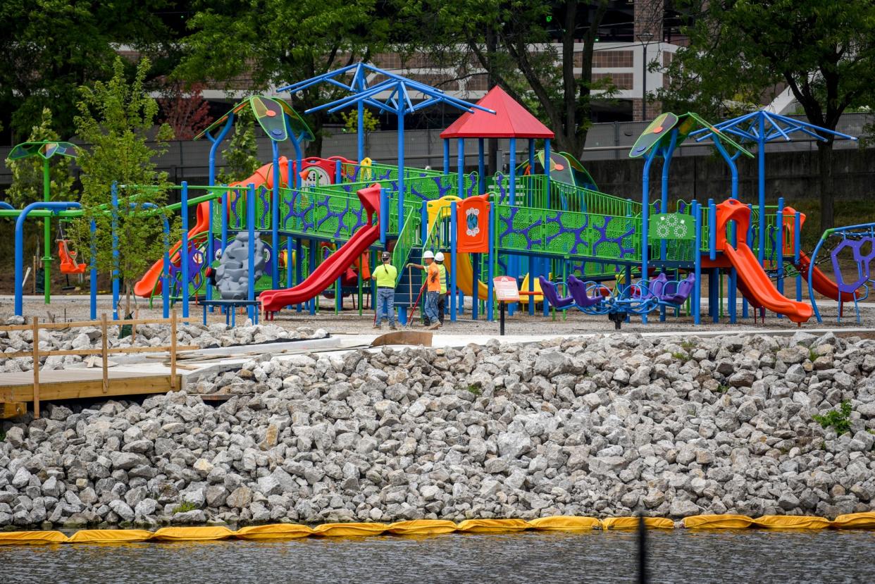 The construction site of an accessible playground at the Adado Riverfront Park on Wednesday, July 26, 2023, in Lansing.