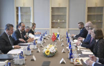 Ibrahim Kalin, the spokesman of President Recep Tayyip Erdogan, second left, and Turkish delegation speak with Finnish delegation headed by Jukka Salovaara, the Foreign Ministry Undersecretary, third right, in Ankara, Turkey, Wednesday, May 25, 2022. Senior officials from Sweden and Finland met with Turkish counterparts in Ankara on Wednesday in an effort to overcome Turkey's strong objections to the Nordic nations' bids to join NATO. Sweden and Finland submitted their written applications to join NATO last week.(Turkish Presidency via AP)