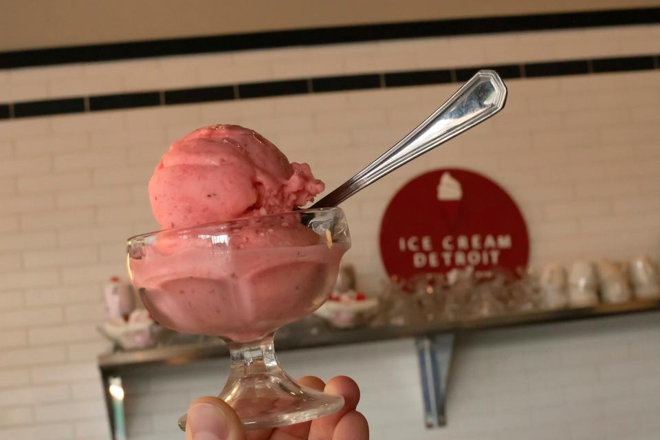 Strawberry Faygo Redpop sorbet from Ice Cream Detroit, which runs a pop-up at the Detroit Soul location on East Jefferson Avenue in Detroit on July 19, 2023.