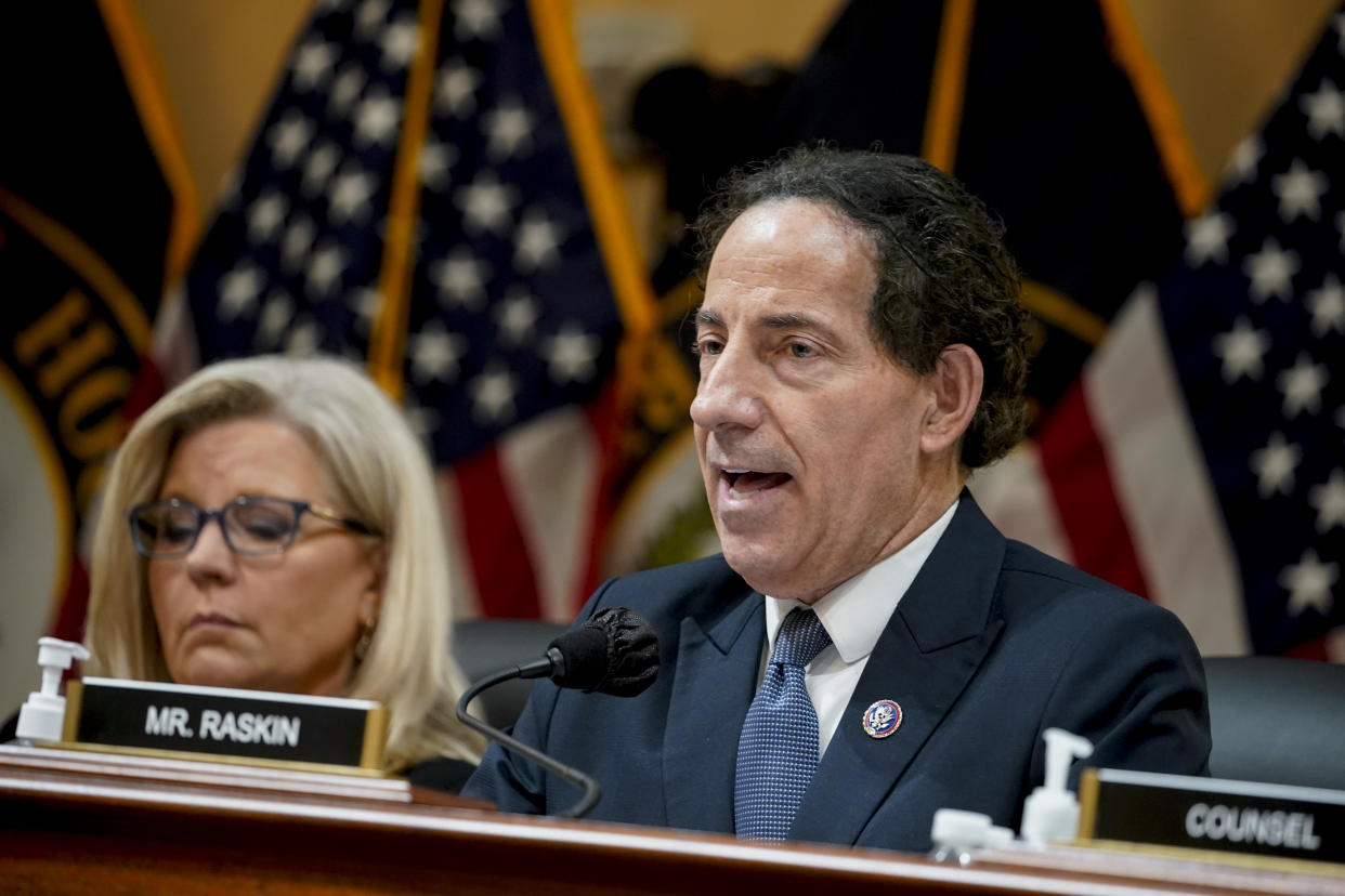 Rep. Jamie Raskin speaks during a hearing of the House's select committee probing the Jan. 6 Capitol insurrection. 