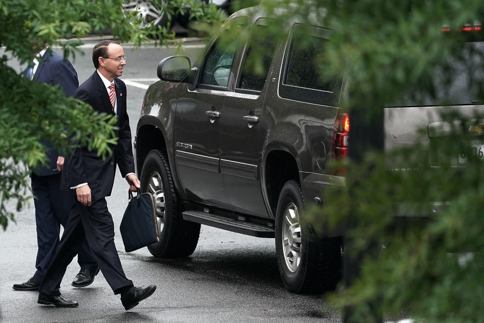 Deputy Attorney General Rod Rosenstein leaves after a meeting at the White House on Monday. Rosenstein is expected to meet with President Donald Trump on Thursday. (Photo: Alex Wong via Getty Images)