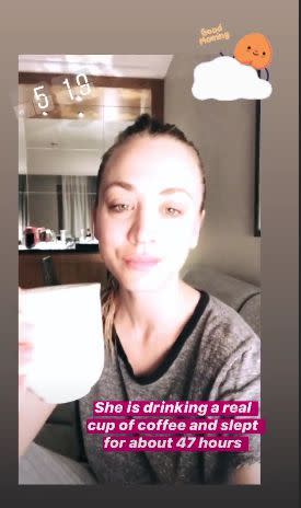 Kaley Cuoco poses with coffee