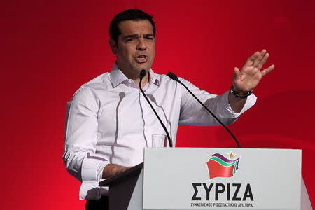 Greek Prime Minister Alexis Tsipras gestures as he delivers his speech during a central committee of leftist Syriza party in Athens, July 30, 2015. REUTERS/ Yiannis Kourtoglou