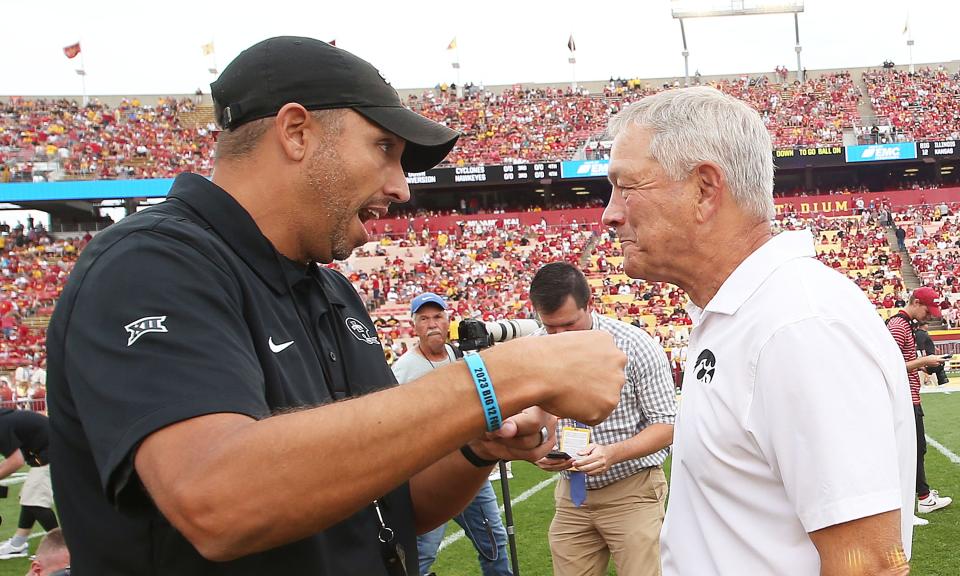 Iowa State football coach Matt Campbell greets Iowa coach Kirk Ferentz before the Sept. 9 Cy-Hawk game at Jack Trice Stadium in Ames.