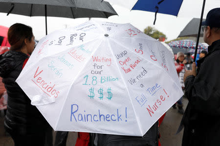 Los Angels public school teachers continue to deal with the rainy weather as their strike enters its third day in Gardena, California, U.S., January 16, 2019. REUTERS/Mike Blake