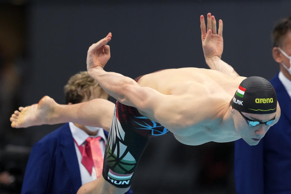 Kristof Milak of Hungary starts in the men's 200-meter butterfly final at the 2020 Summer Olympics, Wednesday, July 28, 2021, in Tokyo, Japan. (AP Photo/Martin Meissner)