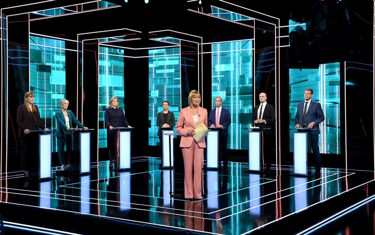 (Left-right) deputy Labour leader Angela Rayner, Liberal Democrat deputy leader Daisy Cooper, Commons Leader Penny Mordaunt, co-leader of the Green Party Carla Denyer, Reform UK leader Nigel Farage, Stephen Flynn of the SNP, and leader of Plaid Cymru Rhun ap Iorwerth, take part in the BBC Election Debate hosted by ITV news presenter Julie Etchingham (front)