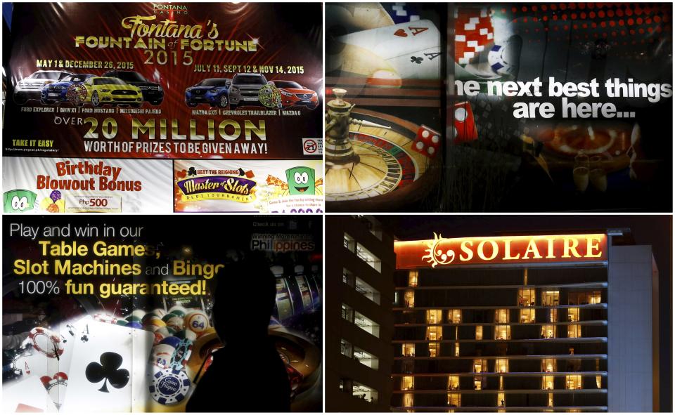 The Solaire Casino building (bottom R), and neon signs at government-owned Fontana Casino and Casino Filipino in Angeles city, north of Manila, Philippines are pictured in this combination picture taken May 22, 2015. The Philippines has emerged as one of Asia's hottest gambling hubs after it launched its 120-hectare (1.2 square km) gaming and leisure enclave called Entertainment City in the capital, modelled on the Las Vegas strip. When paying your final respects for a relative or friend, the last thing you might expect to see at the wake is people placing bets on a card game or bingo. Not in the Philippines. Filipinos, like many Asians, love their gambling. But making wagers on games such as "sakla", the local version of Spanish tarot cards, is particularly common at wakes because the family of the deceased gets a share of the winnings to help cover funeral expenses. Authorities have sought to regulate betting but illegal games persist, with men and women, rich and poor, betting on anything from cockfighting to the Basque hard-rubber ball game of jai-alai, basketball to spider races. Many told Reuters photographer Erik De Castro that gambling is only an entertaining diversion in a country where two-fifths of the population live on $2 a day. But he found that some gamble every day. Casino security personnel told of customers begging to be banned from the premises, while a financier who lends gamblers money at high interest described the dozens of vehicles and wads of land titles given as collateral by those hoping lady luck would bring them riches. REUTERS/Erik De Castro PICTURE 10 OF 29 FOR WIDER IMAGE STORY "HIGH STAKES IN MANILA". SEARCH "BINGO ERIK" FOR ALL IMAGES.