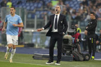 Lazio's head coach Igor Tudor gives instructions during the Serie A soccer match between Lazio and Juventus at Rome's Olympic Stadium, Saturday, March 30, 2024. (AP Photo/Andrew Medichini)