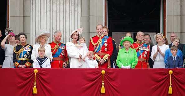 <p>In honor of <a href="https://www.townandcountrymag.com/society/tradition/a10016954/trooping-the-colour-facts/" rel="nofollow noopener" target="_blank" data-ylk="slk:Trooping the Colour;elm:context_link;itc:0;sec:content-canvas" class="link ">Trooping the Colour</a>, Princess Anne, second from the left, makes an appearance on the royal balcony alongside the rest of her family. </p>