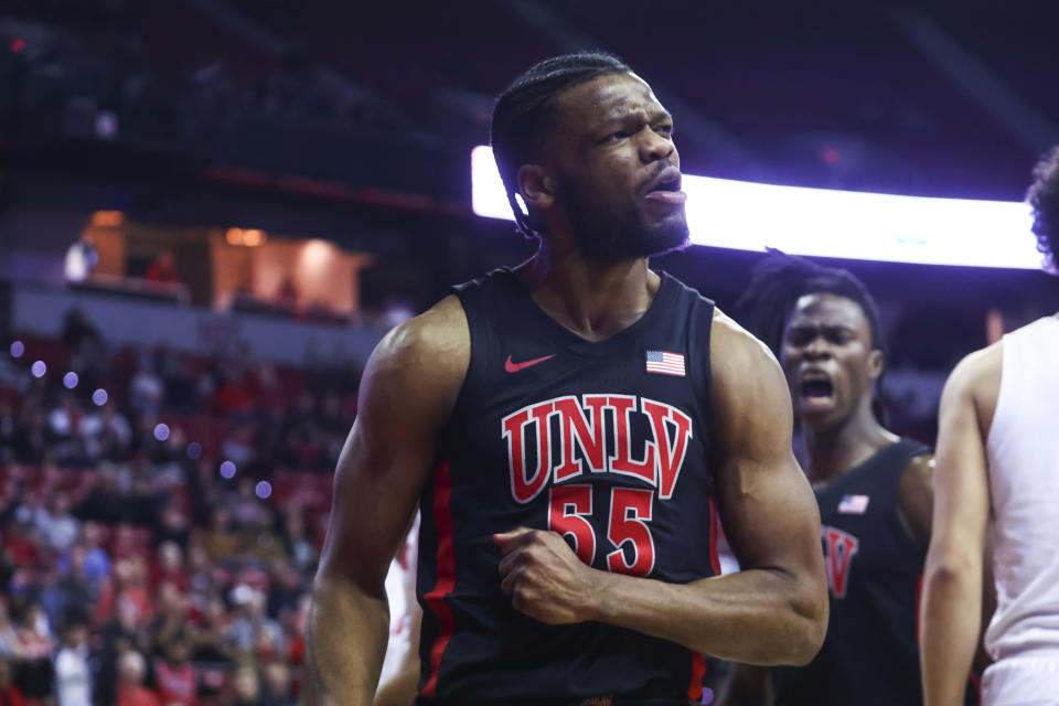 UNLV guard EJ Harkless (55) reacts after scoring against Dayton during the first half of an NCAA college basketball game Tuesday, Nov. 15, 2022, in Las Vegas. (AP Photo/Chase Stevens)