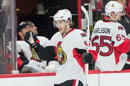 Mar 26, 2016; Ottawa, Ontario, CAN; Ottawa Senators left wing Mike Hoffman (68) celebrates a goal scored in the first period against the Anaheim Ducks at the Canadian Tire Centre. Mandatory Credit: Marc DesRosiers-USA TODAY Sports / Reuters Picture Supplied by Action Images