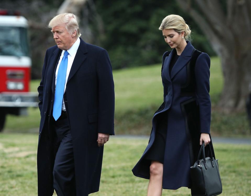 <p>U.S. President Donald Trump and daughter Ivanka Trump walk toward Marine One while departing from the White House on Feb. 1, 2017. (Photo: Getty) </p>