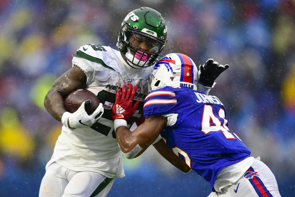 Buffalo Bills linebacker Maurice Alexander (41) tackles New York Jets running back Le'Veon Bell (26) during the first half of an NFL football game Sunday, Dec. 29, 2019 in Orchard Park, N.Y. (AP Photo/David Dermer)