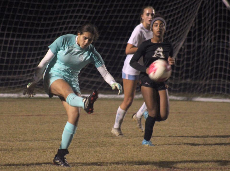 St. Johns Country Day goalkeeper Roxy Mathews punts the ball upfield against Atlantic Coast in a December game.