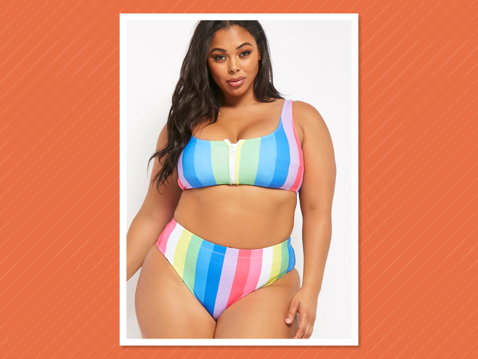 <p>Forever 21 plus-size striped zip front bikini top, $20, and high-waist bikini bottoms, $18, <a rel="nofollow noopener" href="https://www.forever21.com/us/shop/catalog/product/plus/plus_size-swimwear/2000271174" target="_blank" data-ylk="slk:forever21.com;elm:context_link;itc:0;sec:content-canvas" class="link ">forever21.com</a><br><br></p>