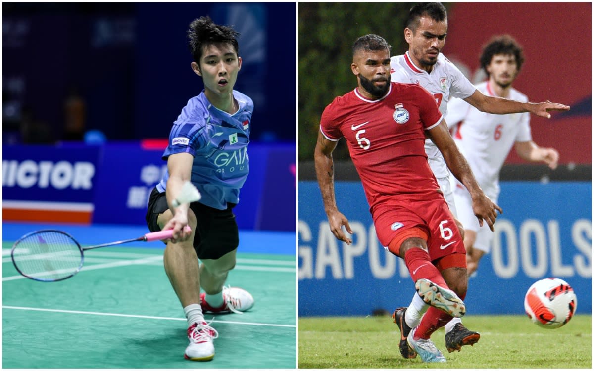 Singapore shuttler Loh Kean Yew (left) at the China Open, and Singapore footballer M. Anumanthan during the Lions' friendly match against Tajikistan. (PHOTOS: Getty Images/FAS)