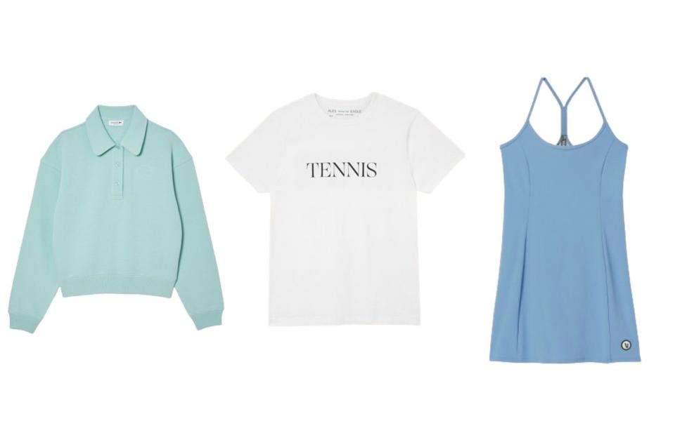 collared sweatshirt, £150, Lacoste;  'Tennis' T-shirt, £30, Alex Eagle Sporting Club;  Tennis dress, £100, Vuori