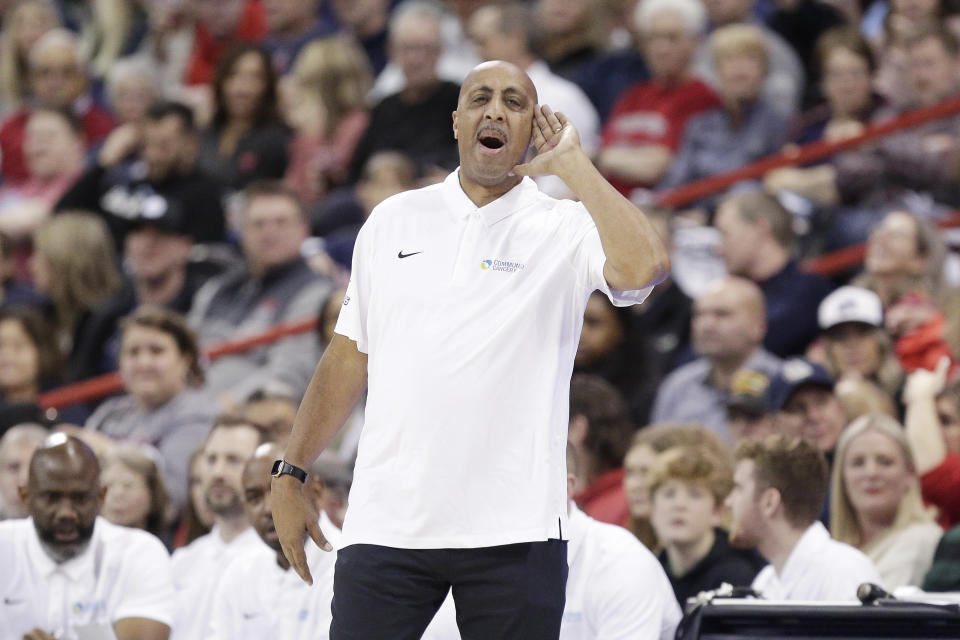 Pepperdine coach Lorenzo Romar directs the team during the first half of an NCAA college basketball game against Gonzaga, Thursday, Jan. 4, 2024, in Spokane, Wash. (AP Photo/Young Kwak)