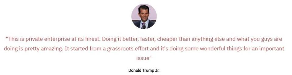 This screenshot of the website of We Build the Wall, taken on Aug. 20, 2020, shows an endorsement of the non-profit by Donald Trump Jr.