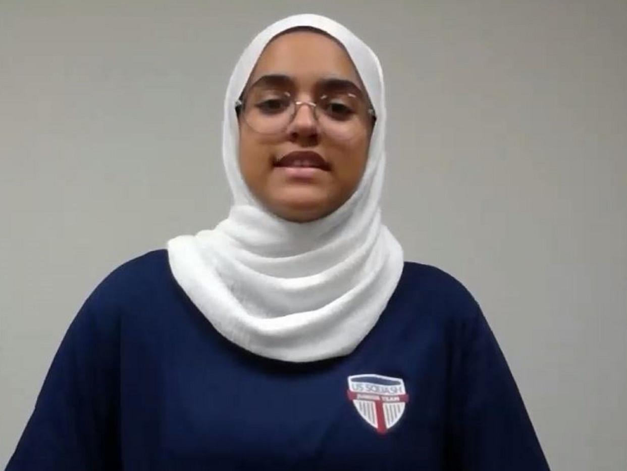 Still image from KPIX-TV video of Fatima Abdelrahman, 13, who was forced to remove her hijab in public before boarding a flight from San Francisco to Toronto, 1 August 2019: KPIX-TV