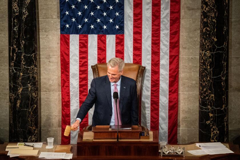 WASHINGTON, DC - JANUARY 07: Rep. Kevin McCarthy (R-CA) is elected Speaker of the House of Representatives in the House Chamber of the U.S. Capitol Building on Saturday, Jan. 7, 2023 in Washington, DC. After multiple failed attempts to elect a Speaker of the House - the first time in 100 years that the Speaker was not elected on the first ballot- the Republican members of the 118th Congress successfully elected McCarthy the morning following the second anniversary of the January 6 insurrection. (Kent Nishimura / Los Angeles Times)