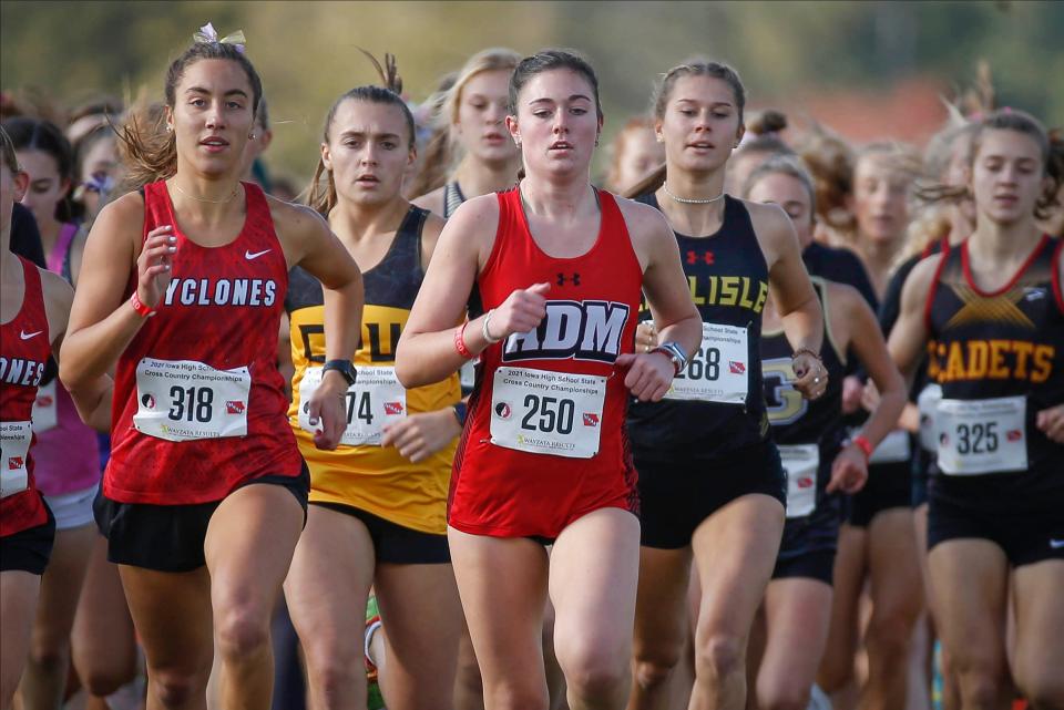 ADM, Adel  senior Geneva Timmerman (bib 250) leads the field as they make their way along the route during last year's state title race