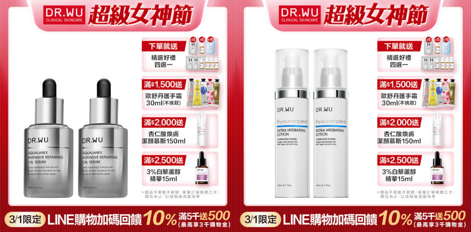 DR.WU 超級女神節 ★ 保養品全場5折起 ➤單日滿5千再送500！精華油、玻尿酸保濕乳超人氣(圖片來源：Yahoo奇摩購物中心)