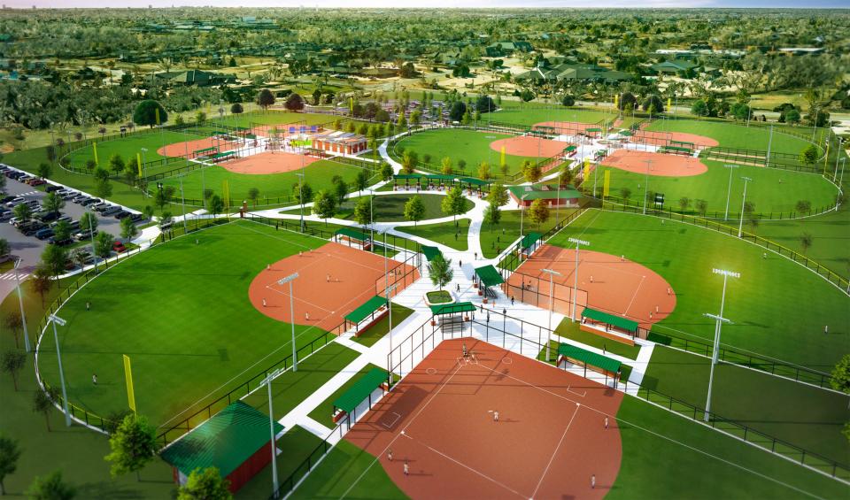 An illustration shows what the A.C. Caplinger baseball field complex will look like in 2025, after it is remodeled.