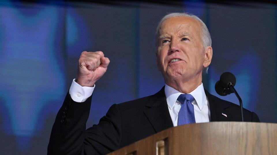 PHOTO: President Joe Biden speaks on stage on the first day of the Democratic National Convention (DNC) at the United Center in Chicago, on Aug. 19, 2024.  (Robyn Beck/AFP via Getty Images)