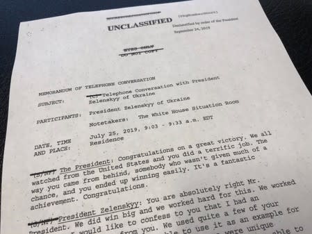 The front page of a memorandum describing President Trump's call with Ukrainian President Zelenskiy is seen in Washington