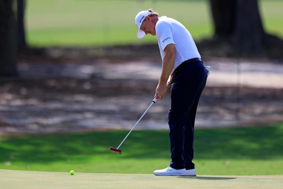 Ernie Els putts on the ninth green during the second round of the Constellation Furyk & Friends PGA Tour Champions golf tournament Saturday, Oct. 7, 2023 at Timuquana Country Club in Jacksonville, Fla. [Corey Perrine/Florida Times-Union]