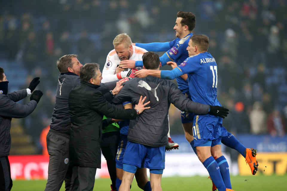 Riyad Mahrez found himself mobbed by players, coaches and Claude Puel to celebrate the 96th minute equaliser