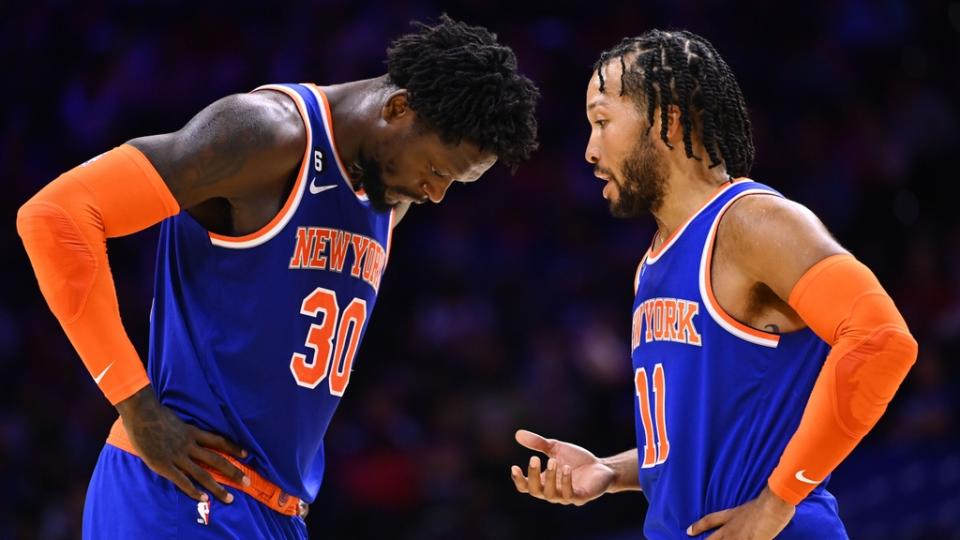 Nov 4, 2022; Philadelphia, Pennsylvania, USA; New York Knicks forward Julius Randle (30) with guard Jalen Brunson (11) against the Philadelphia 76ers in the second quarter at Wells Fargo Center. Mandatory Credit: Kyle Ross-USA TODAY Sports