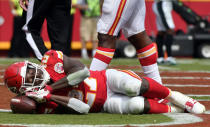 <p>Kansas City Chiefs running back Kareem Hunt (27) pretends to sleep on the ball as he celebrates a touchdown during the second half of an NFL football game against the Philadelphia Eagles in Kansas City, Mo., Sunday, Sept. 17, 2017. (AP Photo/Ed Zurga) </p>