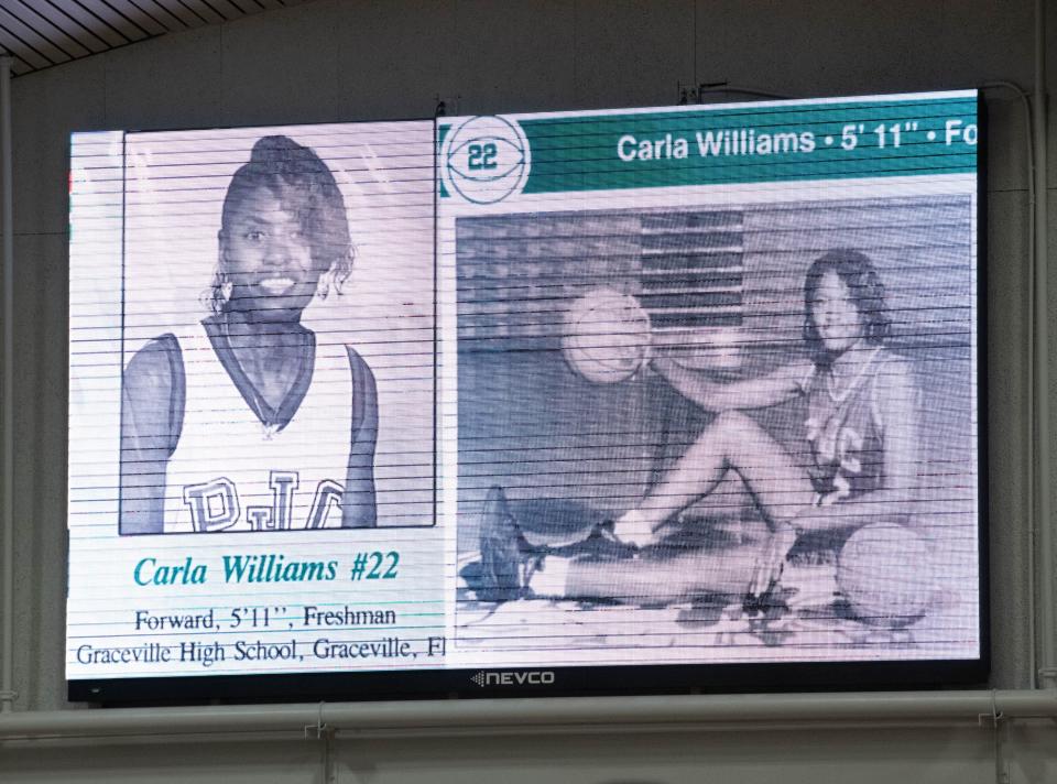 Images of former Pirates player, coach, and teacher Carla Williams is displayed during the Northwest Florida State College vs Pensacola State College women's basketball game at Pensacola State College in Pensacola on Wednesday, Jan. 18, 2023.  Williams was tragically shot and killed on March 24, 2022.