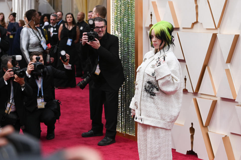 Billie Eilish walking on the red carpet at the 92nd Annual Academy Awards held at the Dolby Theatre in Hollywood, California on Feb. 9, 2020. (Photo by Anthony Behar/Sipa USA)