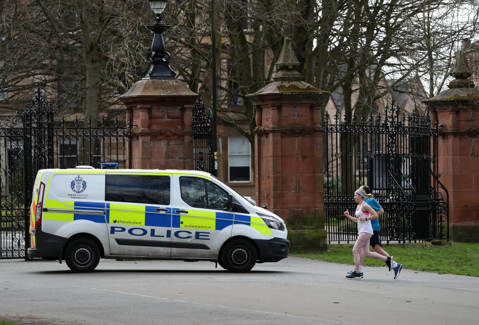 Police patrol Kevingrove Park in Glasgow as the UK continues in lockdown to help curb the spread of the coronavirus. (Photo by Andrew Milligan/PA Images via Getty Images)