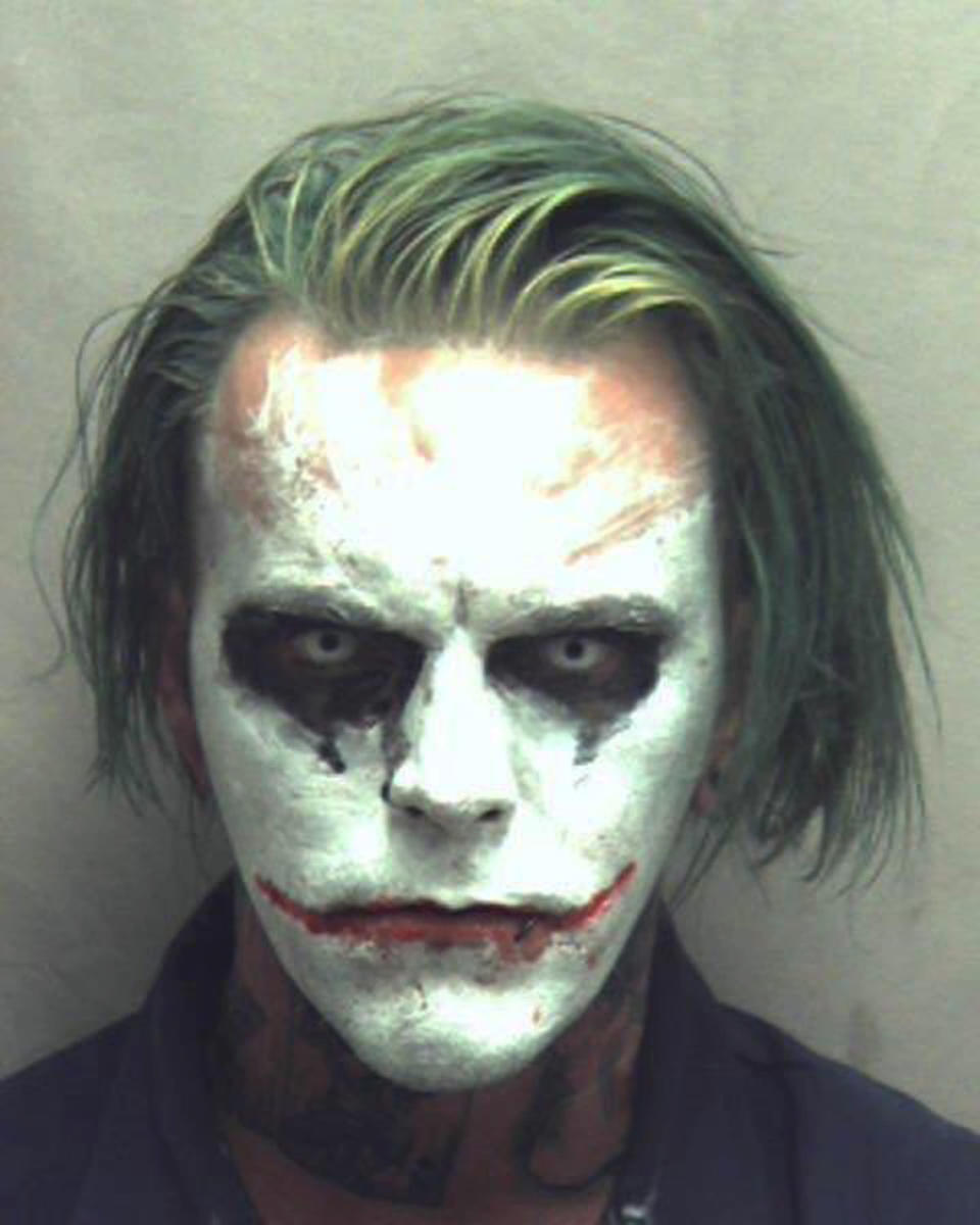 <p> This photo provided by the Winchester Police Department shows Jeremy Putman, who police in Winchester, Va., arrested Friday, March 24, 2017, after callers reported seeing him walking, wearing a cape, carrying a sword and made up as the Batman villain the Joker. Authorities charged Putman with wearing a mask in public, a felony that can result in a sentence of a year in jail. (Winchester Police Department via AP) </p>