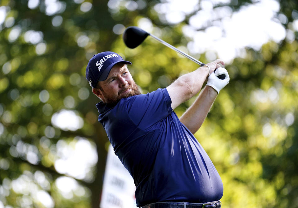 Shane Lowry tees off on the 4th during day one of the 2023 PGA Championship at Wentworth Golf Club in Virginia Water, Surrey, England, Thursday, Sept. 14, 2023. (Zac Goodwin/PA via AP)