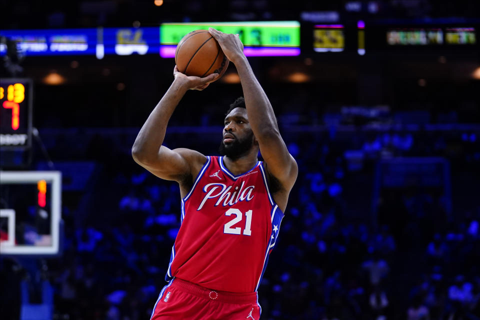 Philadelphia 76ers' Joel Embiid plays during an NBA basketball game, Friday, Oct. 22, 2021, in Philadelphia. (AP Photo/Matt Slocum)