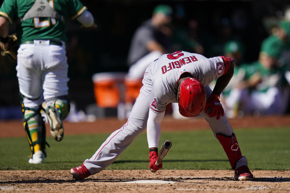 Los Angeles Angels' Luis Rengifo reacts after striking out swinging against the Oakland Athletics during the fifth inning of a baseball game in Oakland, Calif., Wednesday, Oct. 5, 2022. (AP Photo/Godofredo A. Vásquez)