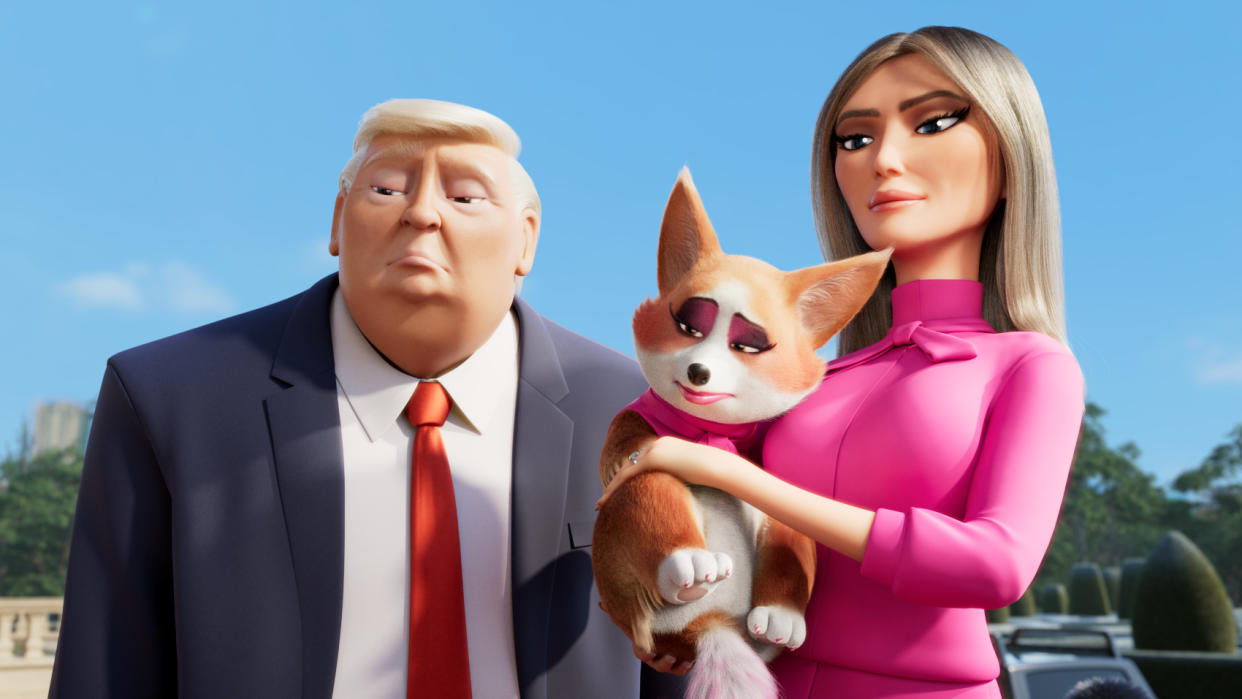 Donald Trump and Melania Trump with their dog Mitzi in animated film 'The Queen's Corgi'. (Credit: Lionsgate)