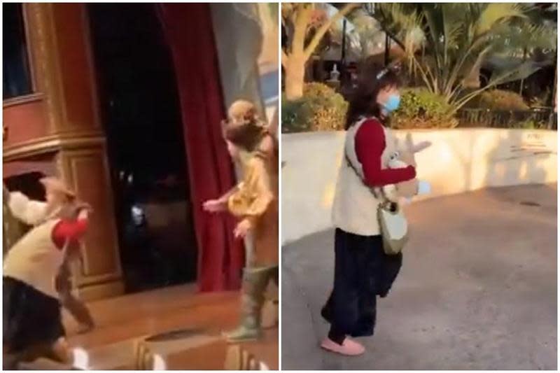 中國一名媽媽上台掌摑迪士尼舞台劇演員，活動中止後她被民眾拍到逃離現場。（翻攝自維尼大帝推特）