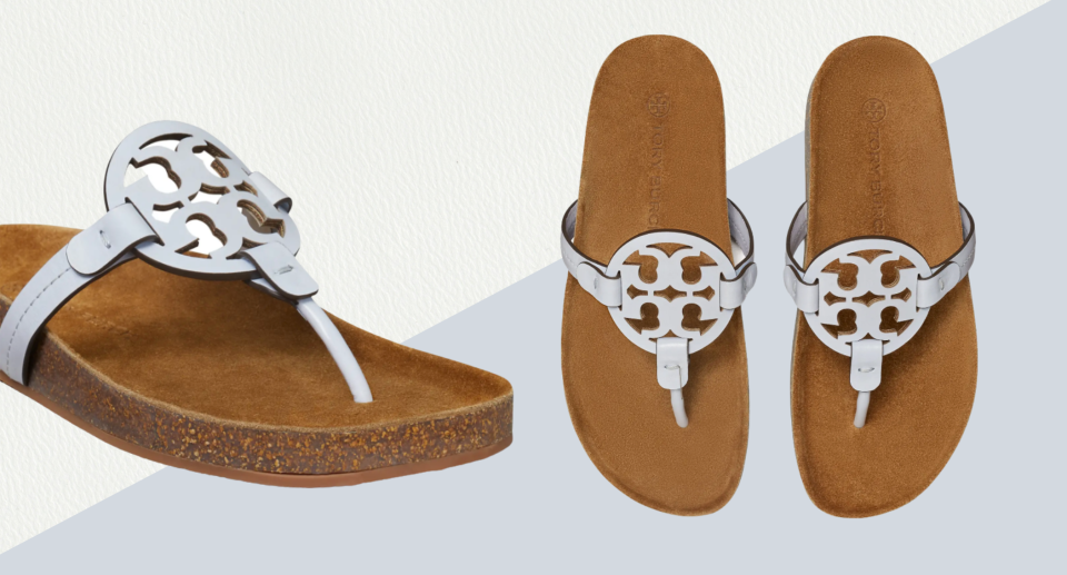 tory burch cloud miller sandals in brown cork rubber and light blue tory burch decal